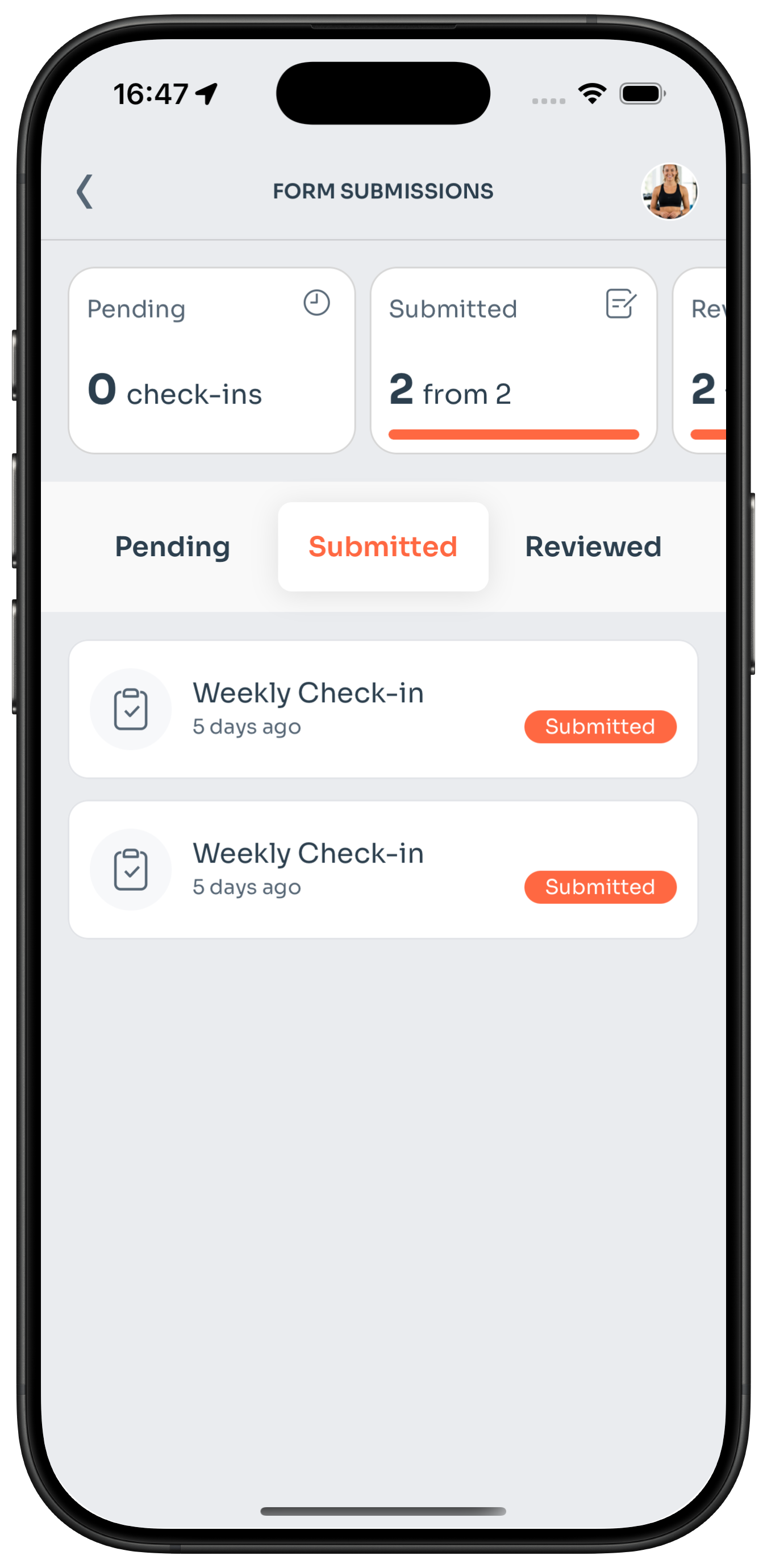 A client's submitted check-in answers