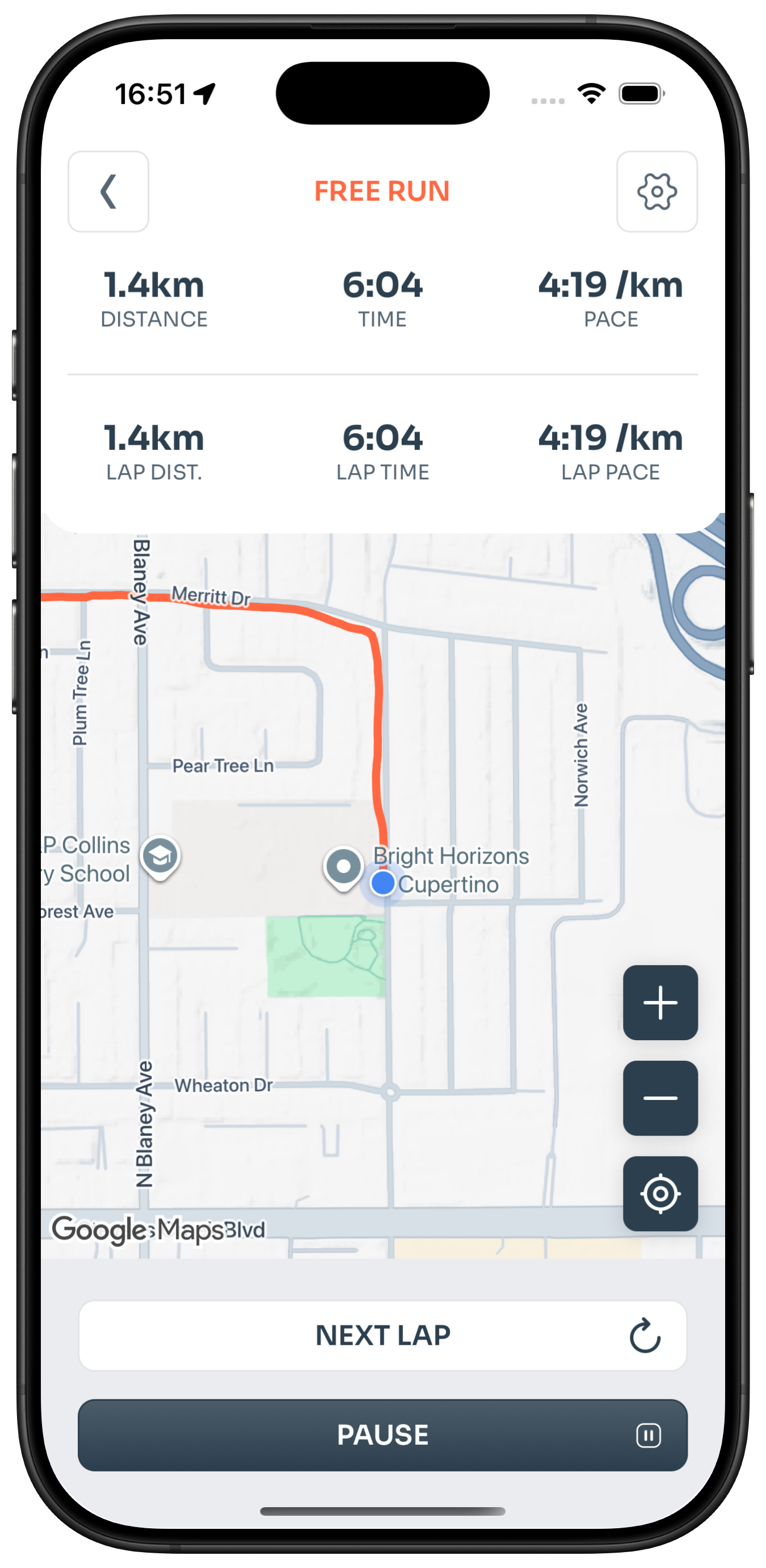 GPS run tracker with route map