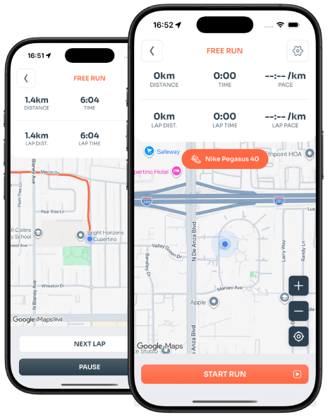 GPS run tracker with route map and shoe selected