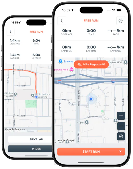 GPS run tracker with route map and shoe selected