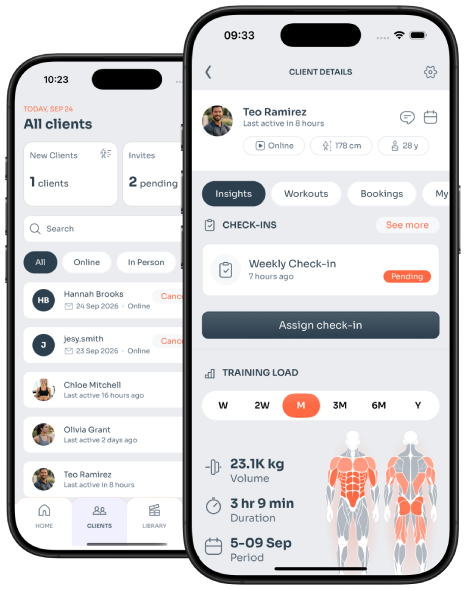 Client roster list and a client's detail view with check-ins and training load insights
